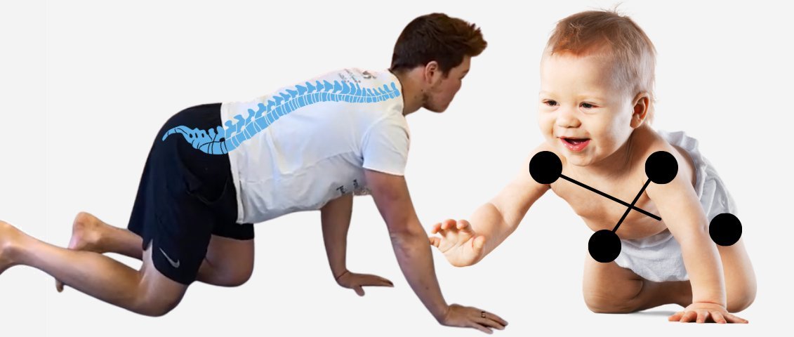 Tim Böttner krabbelt einem Baby entgegen, beim Baby ist das X von Schulter zu gegenüberliegender Hüfte eingezeichnet
