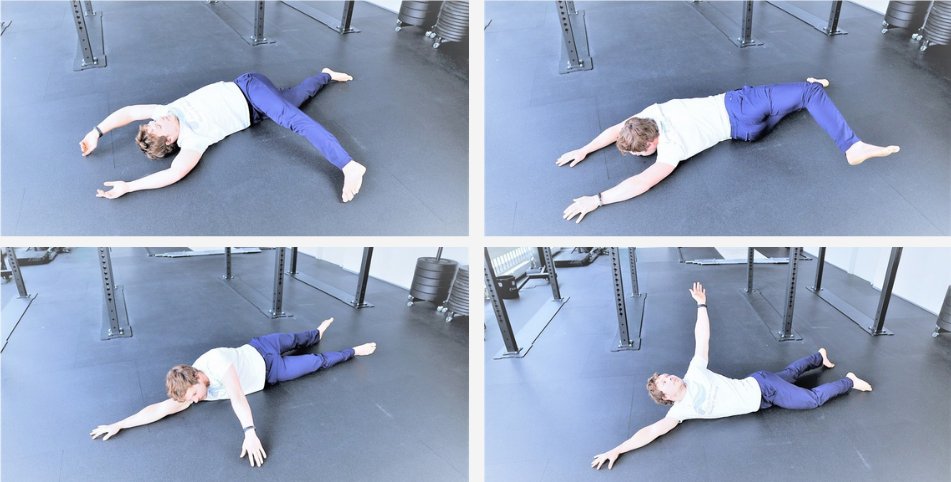 Vier Bilder von Tim Böttner beim segmentalen Rollen auf dem Boden, vom Rücken auf den Bauch und zurück
