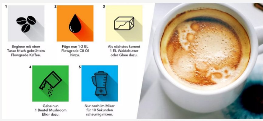 Bulletproof Coffee in fünf Schritten: Kaffee brühen, C8-Öl, Butter oder Ghee, mixen, Kollagen